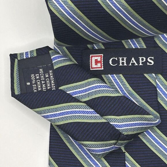 Chaps 100% Silk Men’s Neck Tie Hand Made Navy, Green White Stripes 58X3.5 - Picture 2 of 7